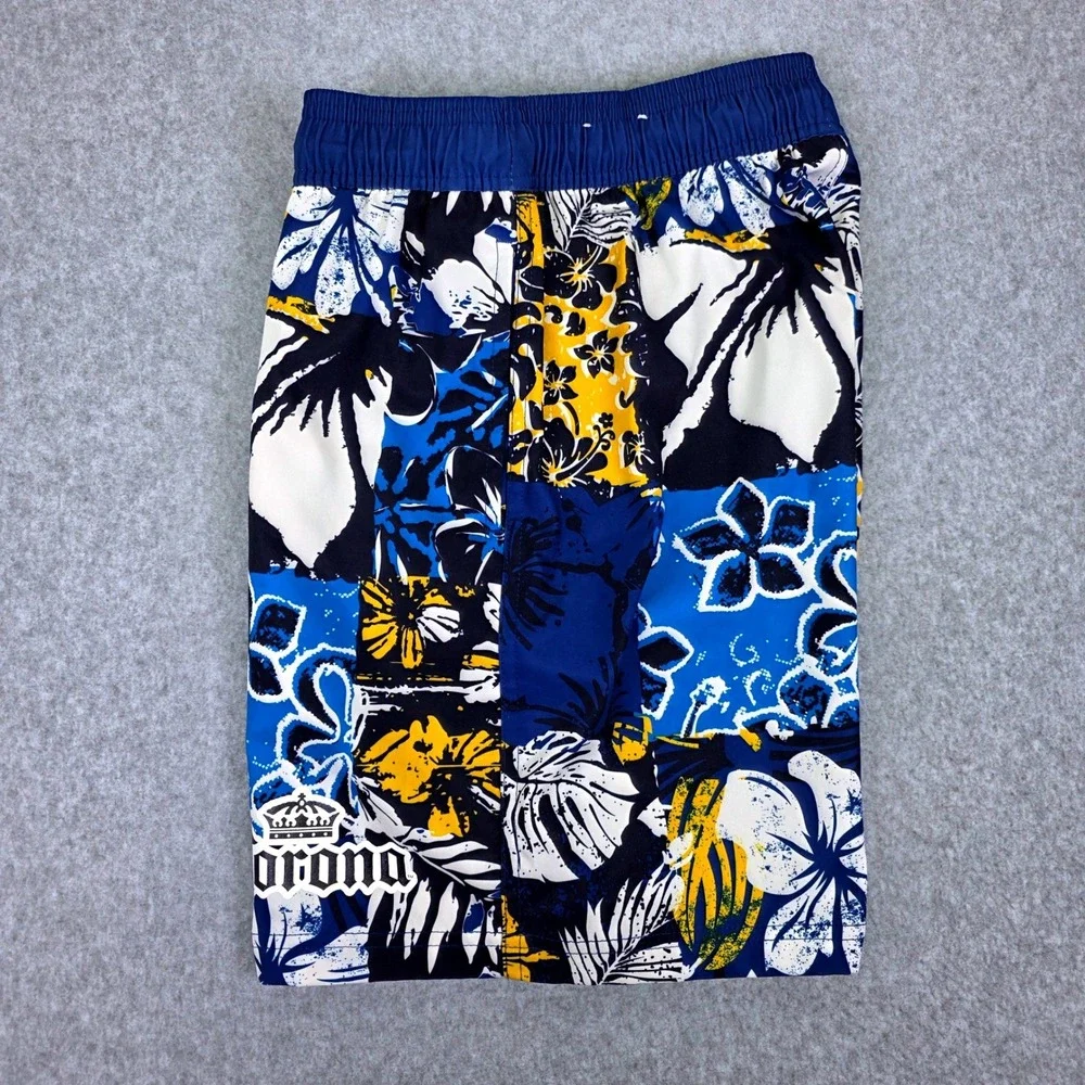 Corona Extra Men's Small‎ Floral Patchwork Swim Trunks Blue Yellow Board Shorts